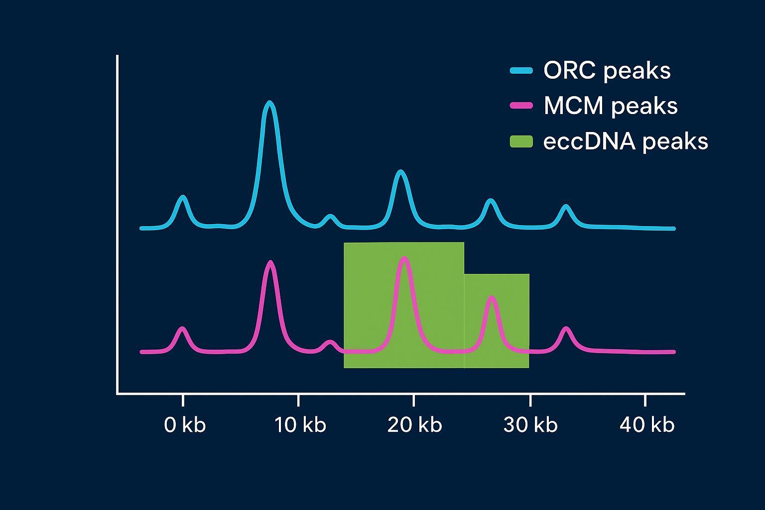 Stylized ChIP-seq tracks for ORC/MCM with overlaid eccDNA peak intervals illustrating origin overlap analysis.
