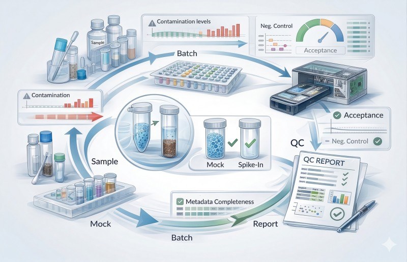 Figure 3. A closed-loop QC workflow links sample intake, controls, sequencing, contamination review, batch assessment, and final reporting so technical ambiguity is documented before interpretation.