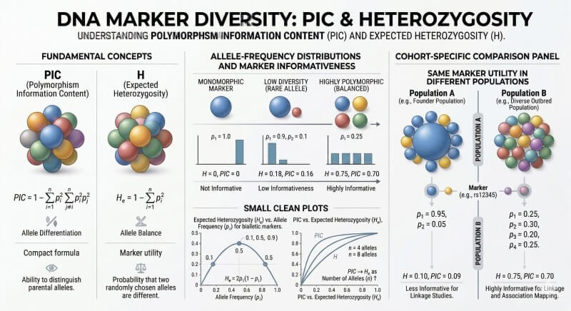 PIC and heterozygosity both depend on allele-frequency distribution, but PIC is specifically used to evaluate marker informativeness within the target cohort.