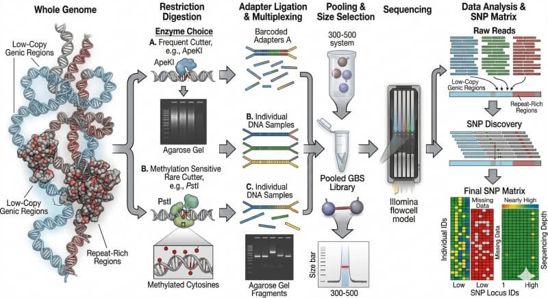 GBS reduces genome complexity through restriction digestion and multiplexed library construction, but marker yield and missingness depend strongly on enzyme choice, sequencing depth, and genome architecture.