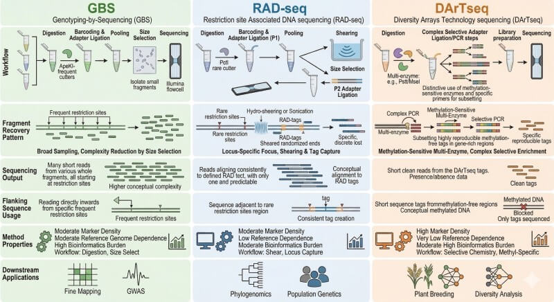 GBS, RAD-seq, and DArTseq share a reduced-representation logic, but differ in fragment recovery architecture, locus transparency, and downstream best-fit applications.