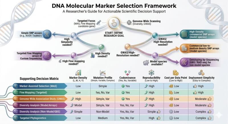 Marker selection should begin with the biological endpoint, then work backward through genome complexity, reference quality, marker density needs, missing-data tolerance, and downstream assay format.