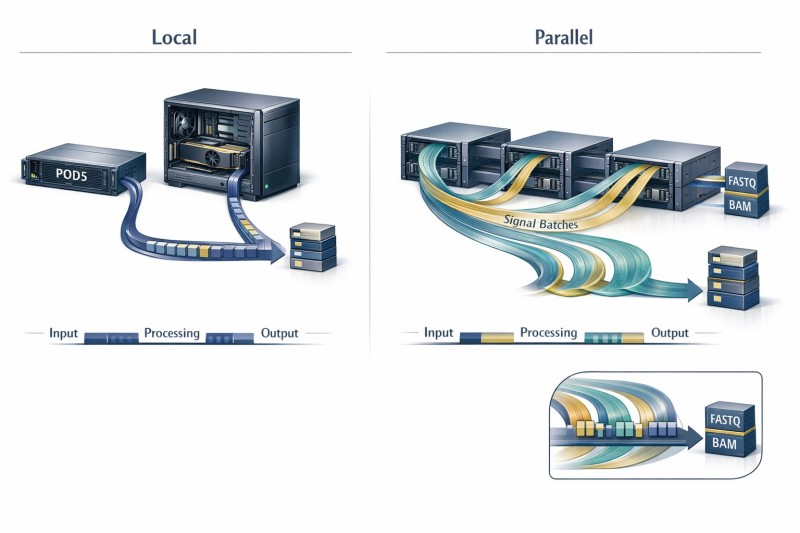 Figure 3. Managed or platform-based parallel processing can reduce backlog and improve delivery consistency by converting POD5 inputs into standardized FASTQ/BAM outputs under shared workflow rules.