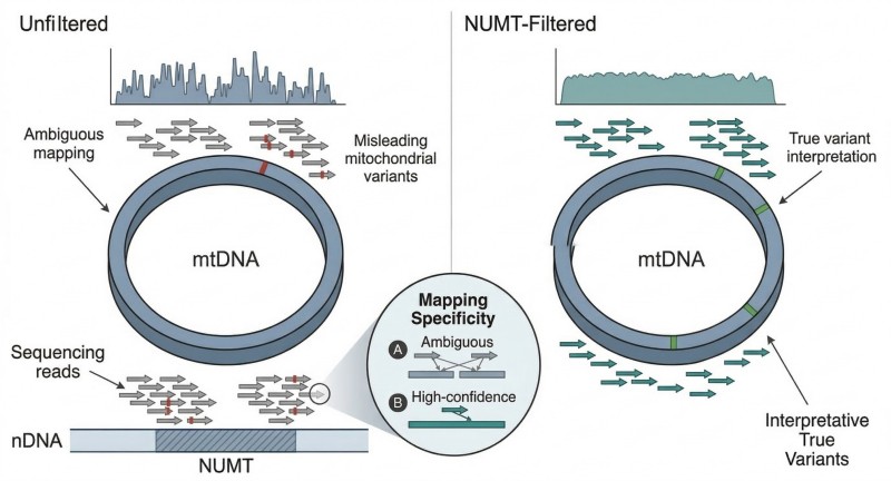 Figure 2. How NUMT-Aware Filtering Improves mtDNA Mapping Review.